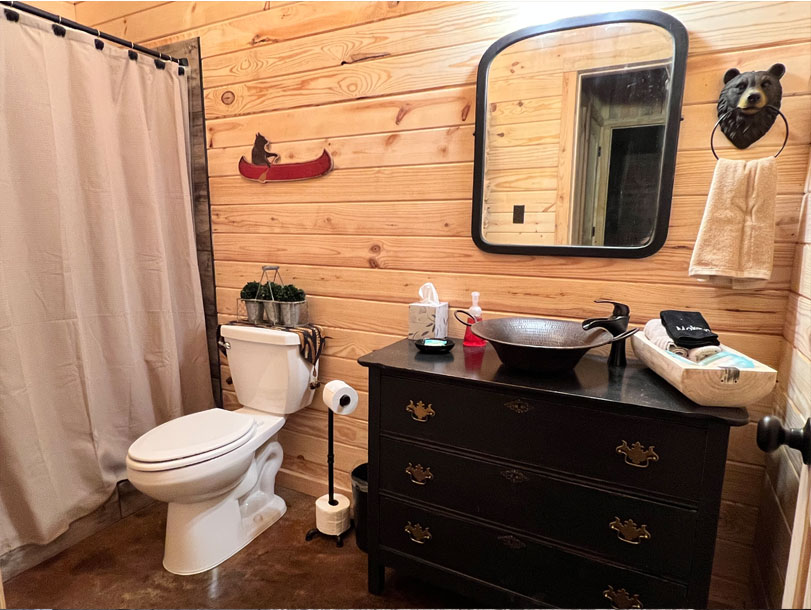 Cabin bathroom with toilet, mirror, shower and sink.